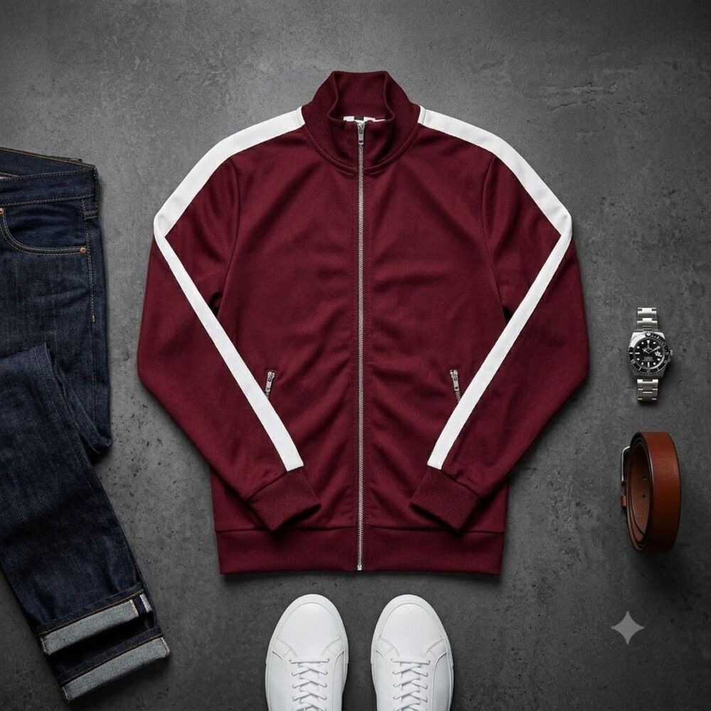 Topman Burgundy White Stripe Full Zip Athletic Track Jacket Size XS